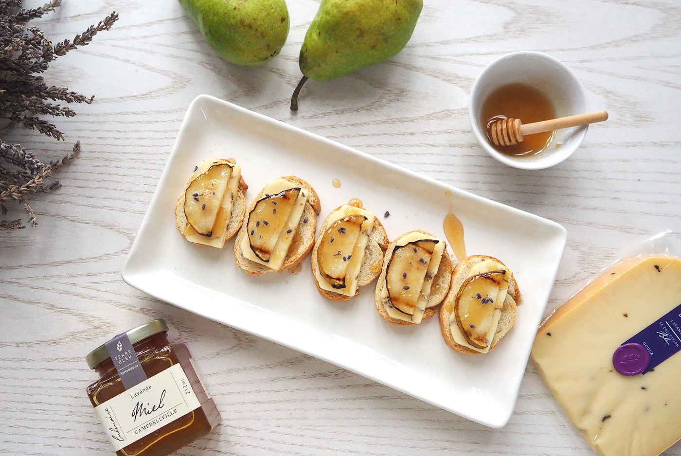 Grilled Pear and Lavender Gouda Crostini