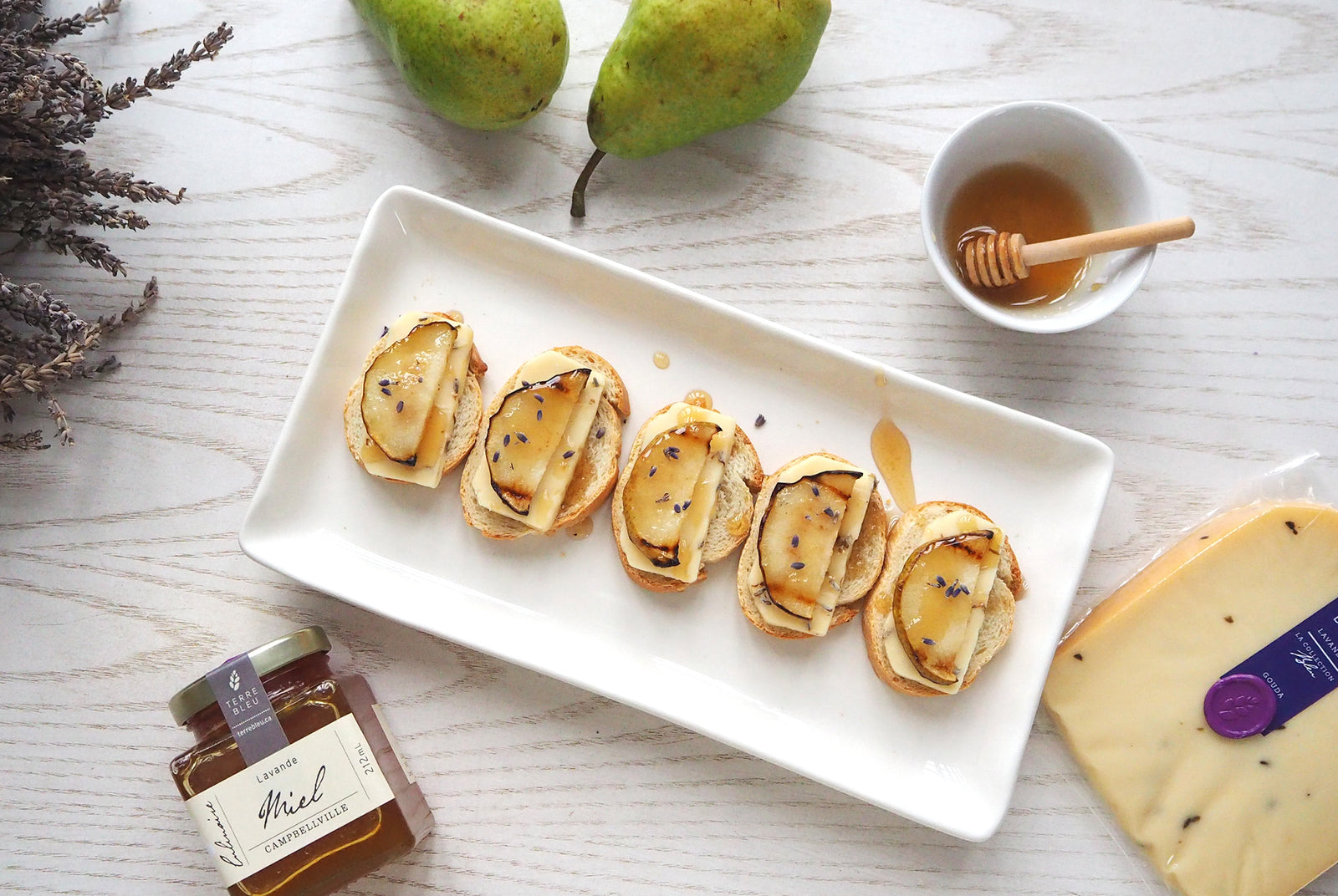 Grilled Pear and Lavender Gouda Crostini